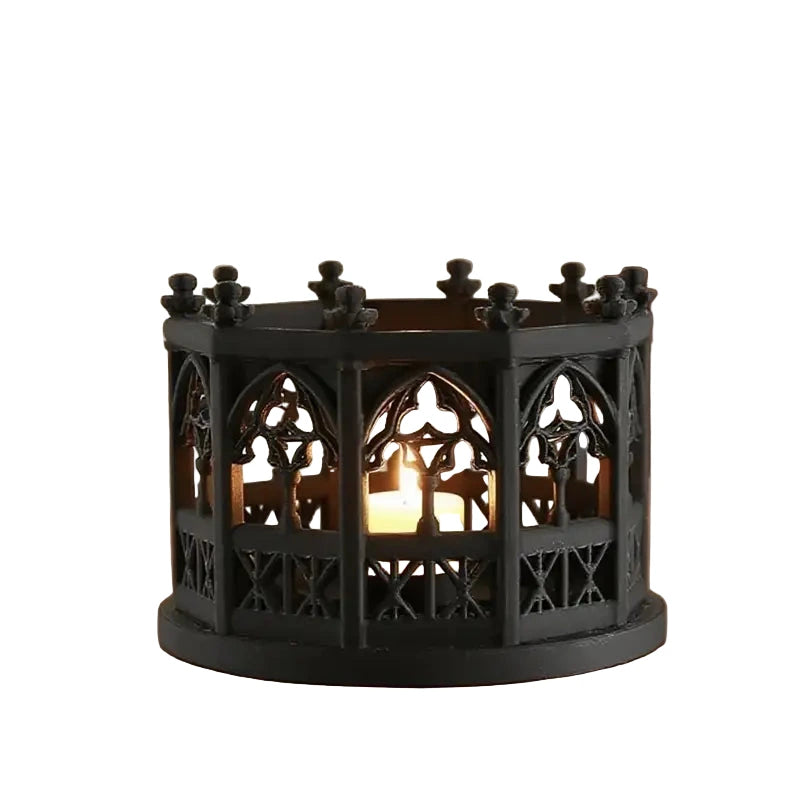 Black Cathedral Arch Candle Holders with x2 black, cathedral arch, tealight candle holders. Resin. x in a gothic alternative styl.