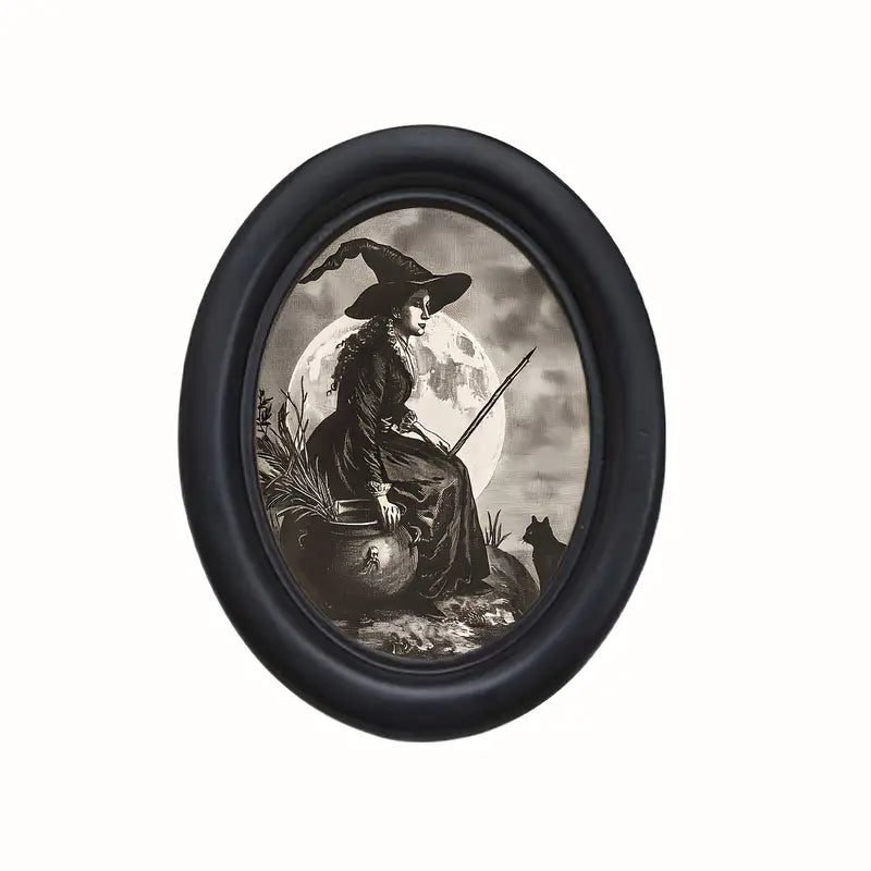 Black The Dark Arts: Witch with Black oval frame with witch print in a gothic alternative style.