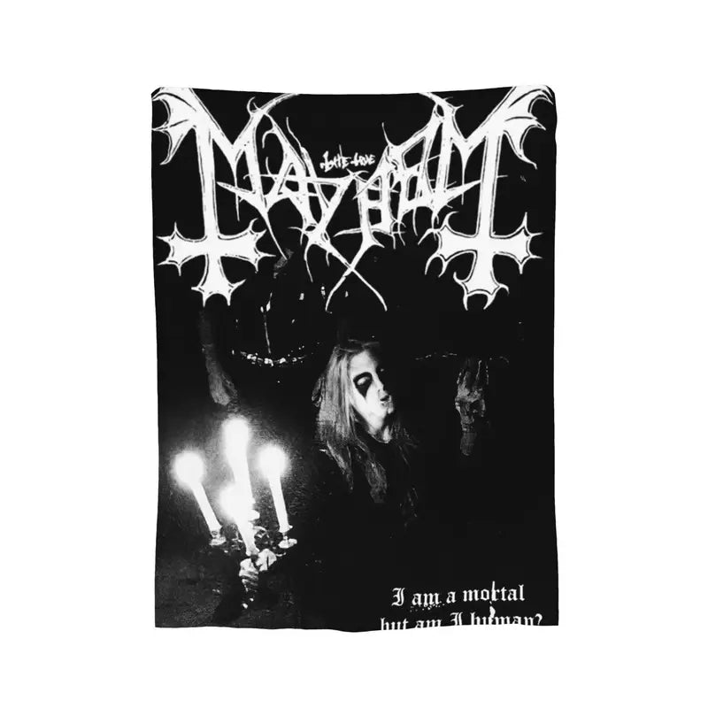 Mayhem Blanket with Soft flannel and fleece blanket with band print. Measures x in a gothic alternative style.