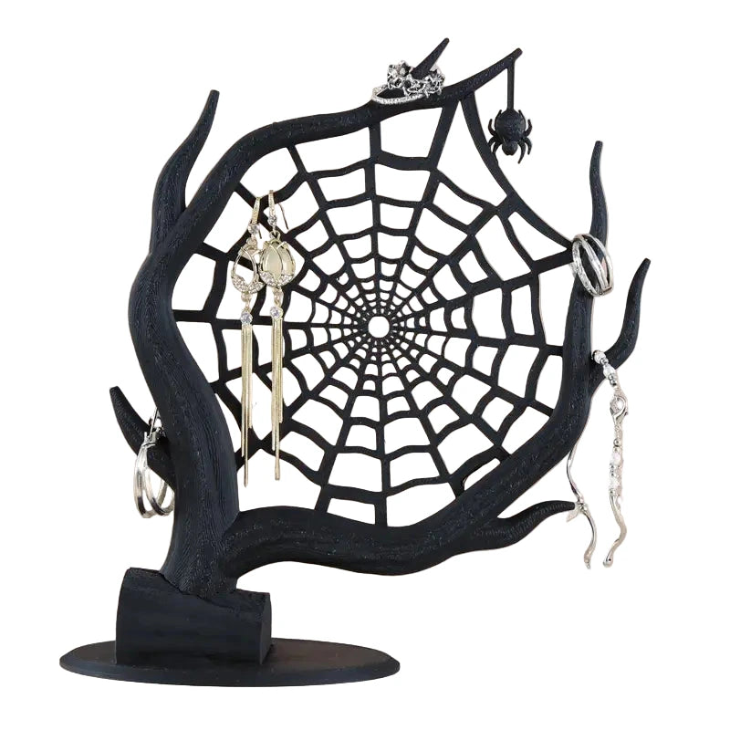 Black Spider Web Jewellery Holder with A black, wooden spider web earring and other jewellery holder in a gothic alternative styl.