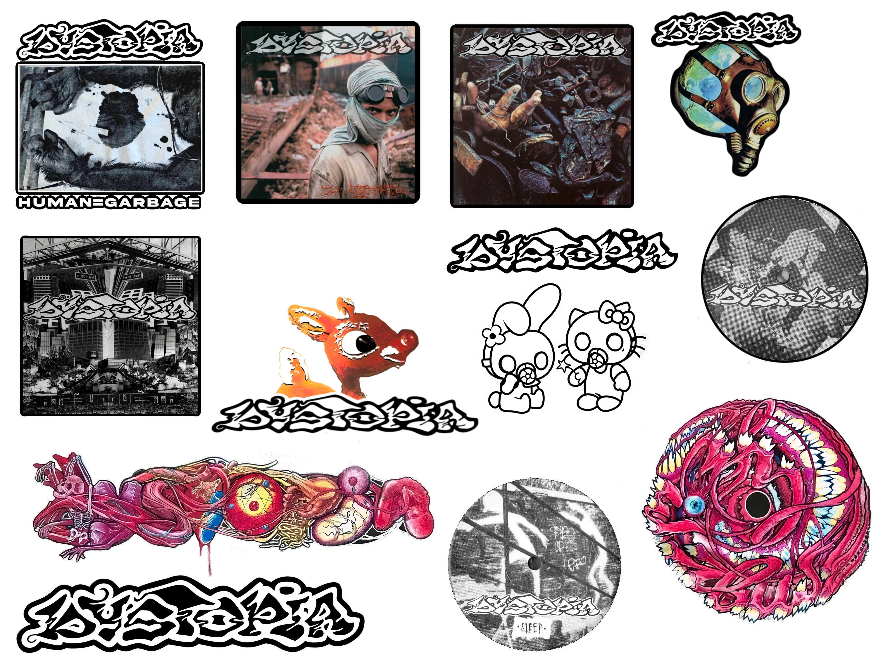 Dystopia Band Stickers with Sold in a set. Vinyl, Waterproof. Measures between and in a gothic alternative style.