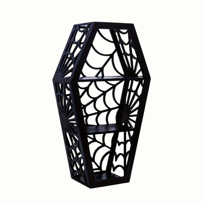 Black Spider Web Coffin Shelf with Black Spider Web Coffin Shelf Measures x . Plastic Resin in a gothic alternative style.