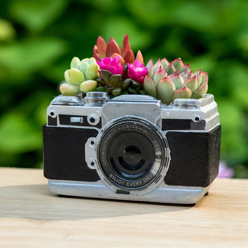 Camera Planter with Shaped pot plant holder/planter. Plastic resin in a gothic alternative style.