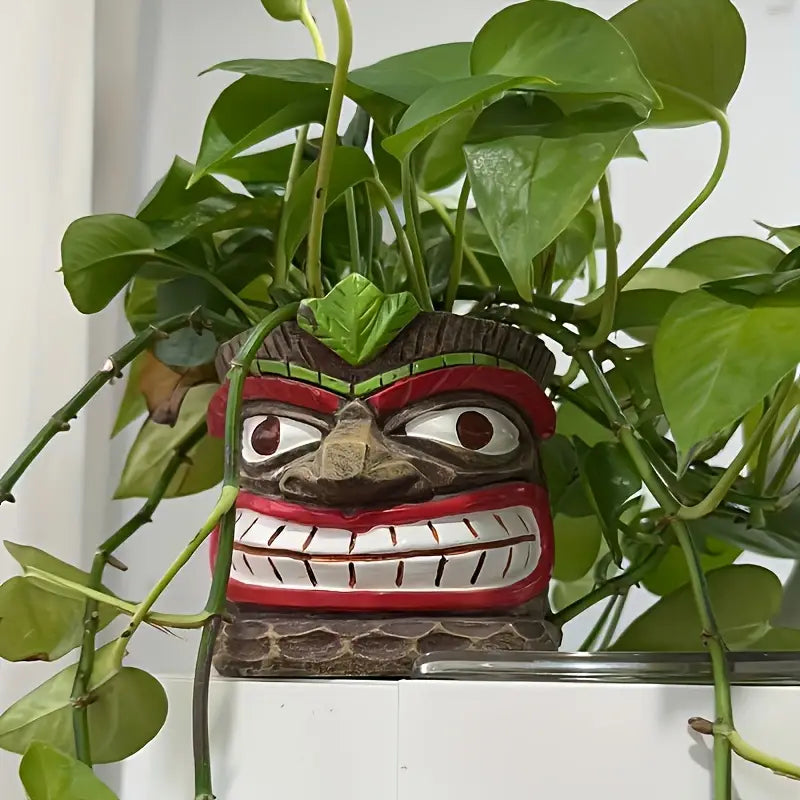 Tiki Head Planter with Shaped pot plant holder/planter. Plastic resin in a gothic alternative style.