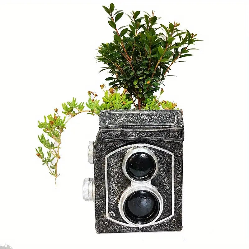 Vintage Camera Planter with Shaped pot plant holder/planter. Plastic resin in a gothic alternative style.