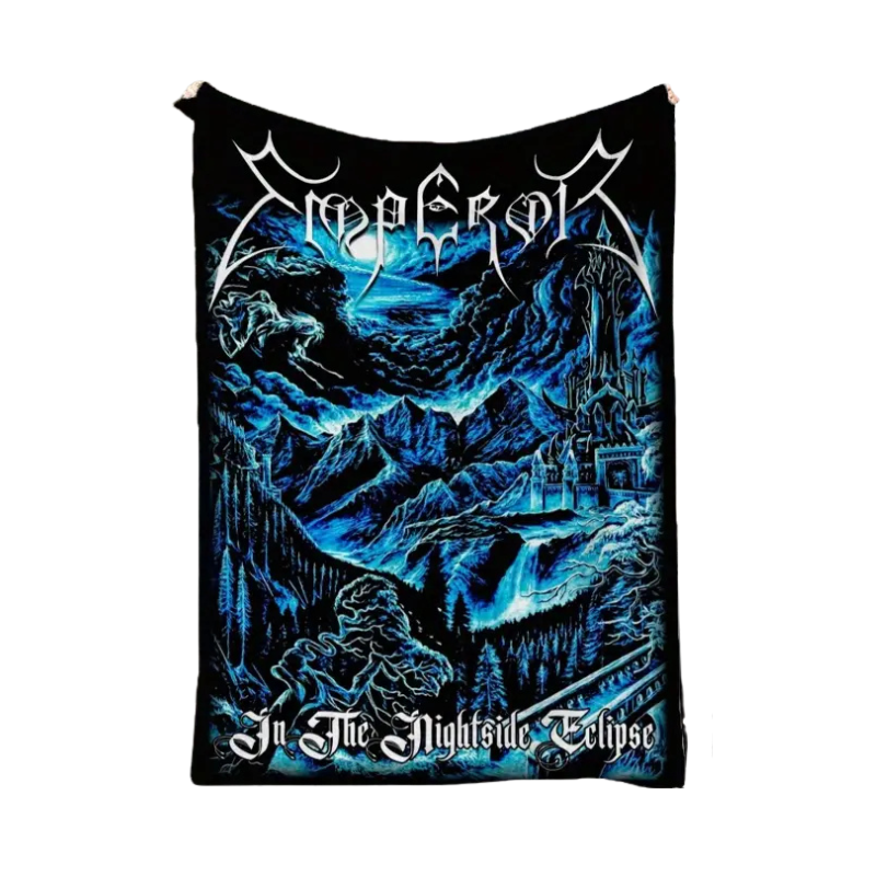 Emperor Blanket with Soft flannel and fleece blanket with band print. Measures x in a gothic alternative style.