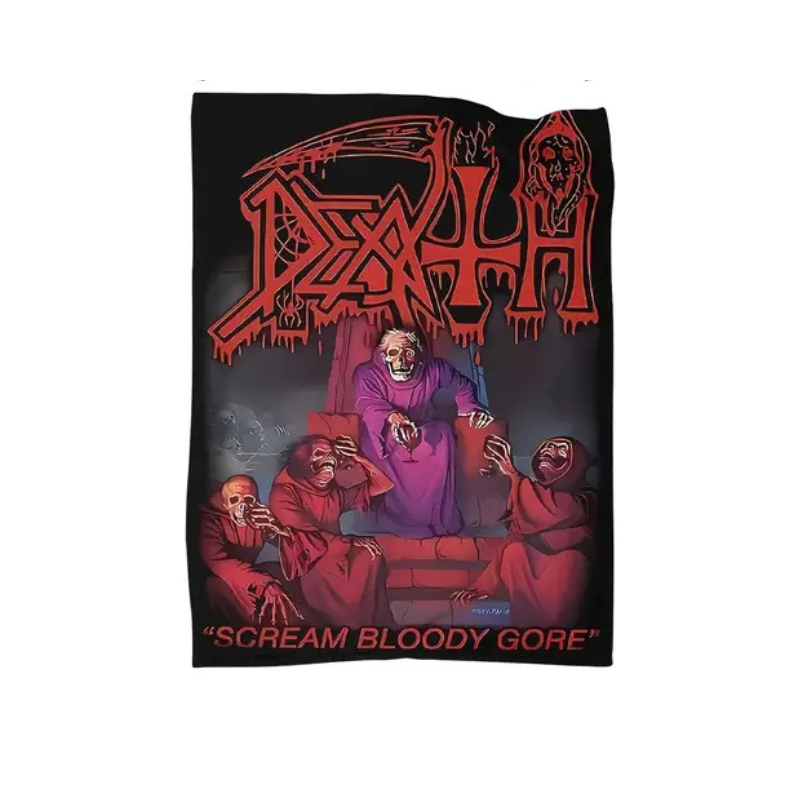 Death Blanket with Soft flannel and fleece blanket with band print. Measures x in a gothic alternative style.