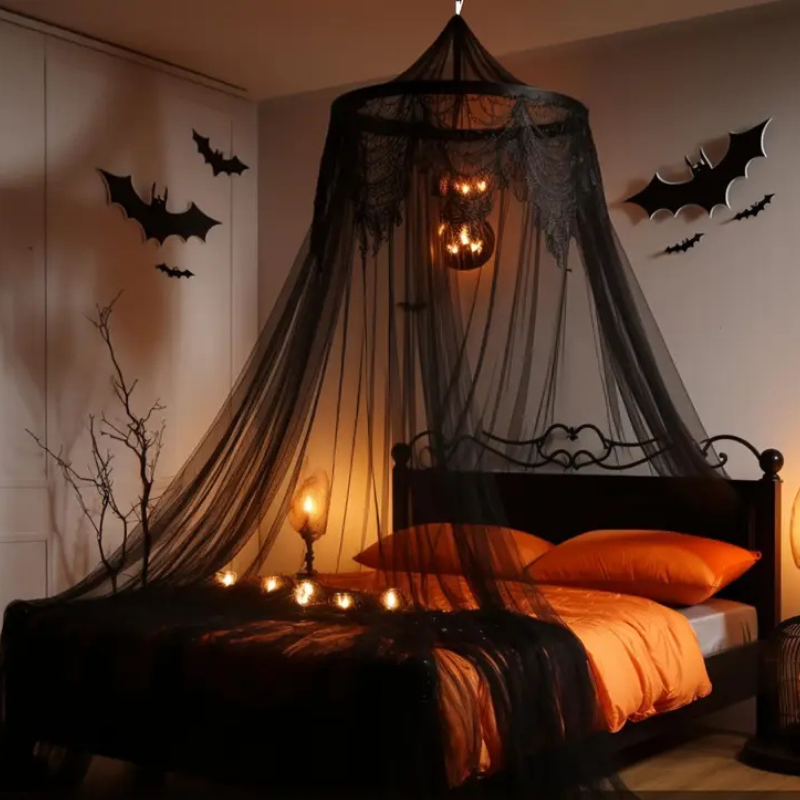 Black Bed Canopy with Black bed canopy/mesh net with lace detail. Fits single, double and queen size. 100% polyester in a gothic .