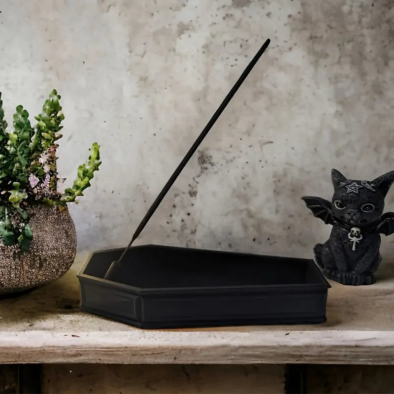Black Coffin Incense Burner with Black coffin incense burner. Plastic resin in a gothic alternative style.