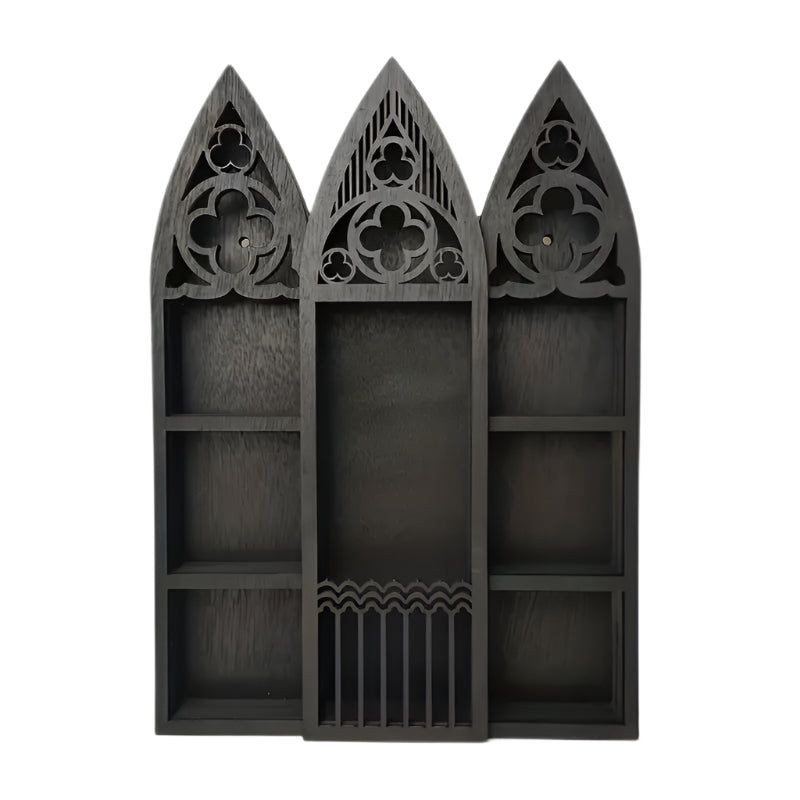 Black Cathedral Shelving with Black Cathedral Shelf Plastic Resin.�� in a gothic alternative style.