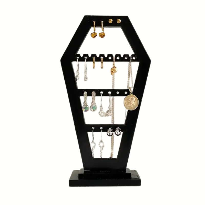 Black Coffin Earring Holder with Black Coffin Shaped Earring Holder Plastic Resin in a gothic alternative style.