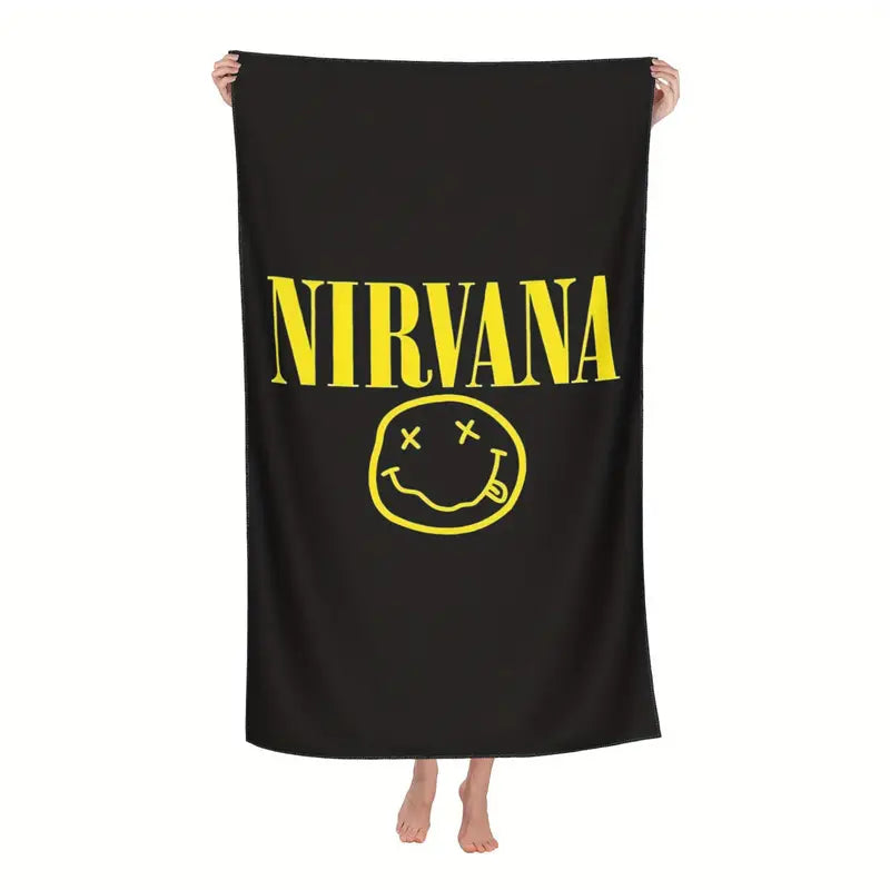 Nirvana Beach Towel with A microfiber beach towel with band print.�� Soft to the touch and quick drying. Measures in a gothic alt.