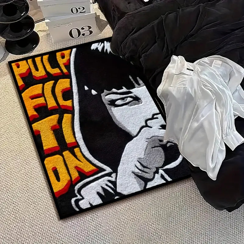 Pulp Fiction Rug with A polyester band logo shaped rug. Measures x . Velvet feel. Machine washable in a gothic alternative style.