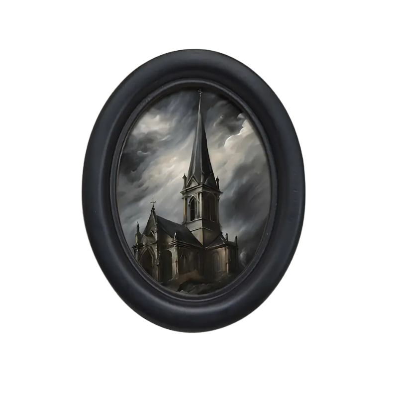 Black The Dark Arts: Castle with Black oval frame with castle print in a gothic alternative style.