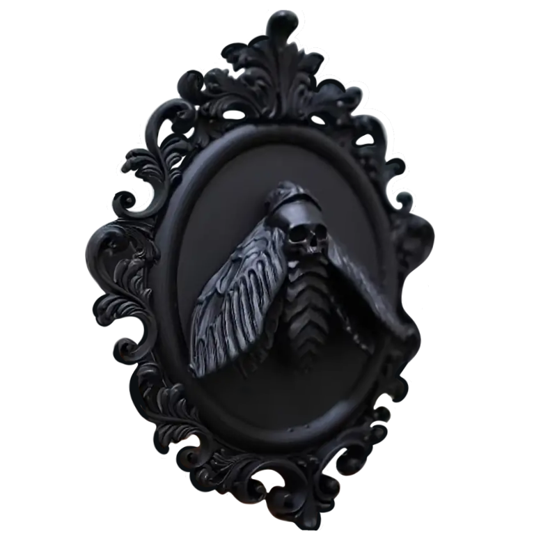 Black The Dark Arts: Moth with Black ornate framed moth. 3D. Plastic resin in a gothic alternative style.
