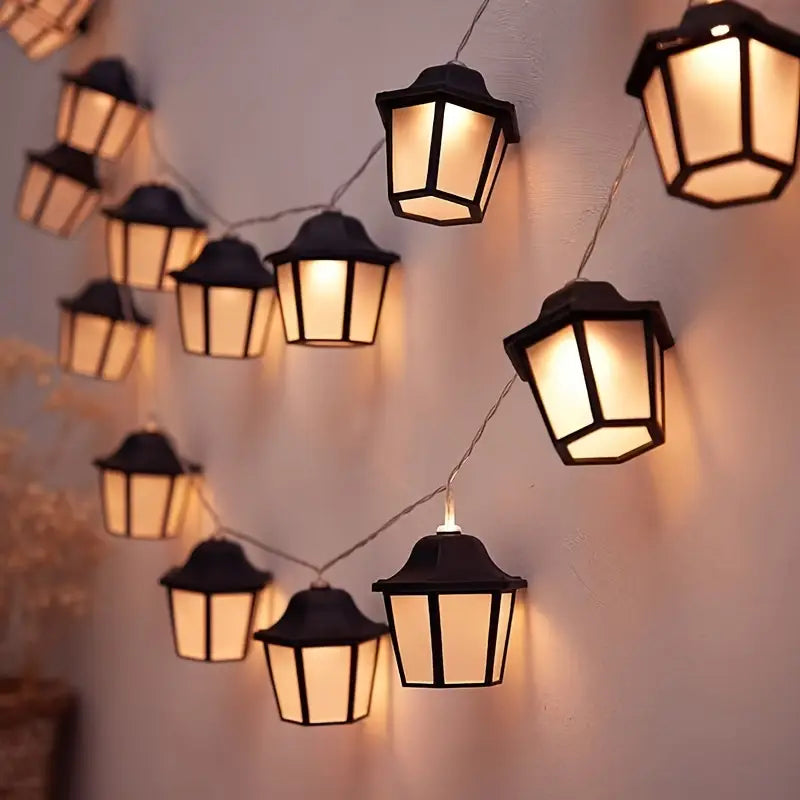 Lantern String Lights with Lantern LED string lights. AA battery operated (not included) in a gothic alternative style.