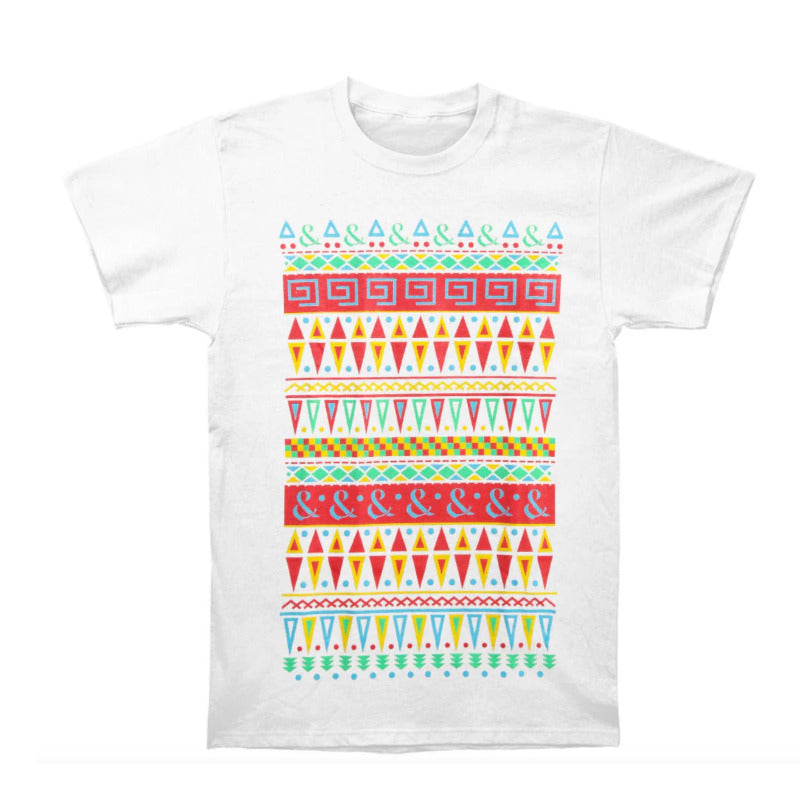 White t-shirt with colorful geometric pattern on a white background