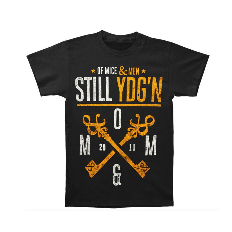 Black t-shirt with yellow and white text and graphics on a white background